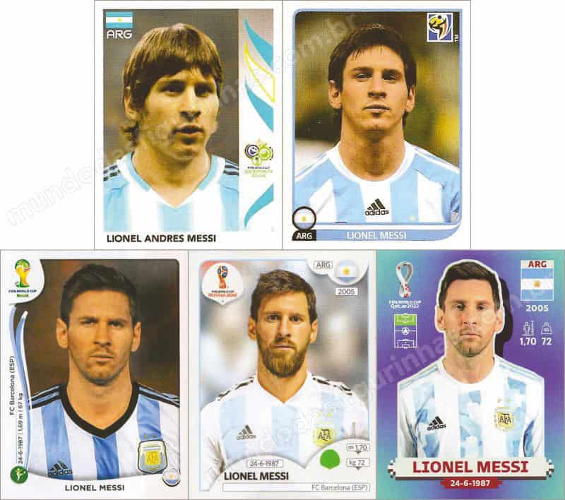 Figurinhas do Messi nos álbuns da Copa do Mundo.