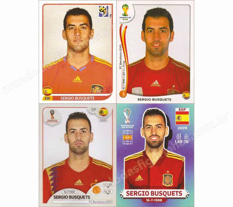 Figurinhas do Sergio Busquets nos álbuns da Copa de 2010 a 2022.