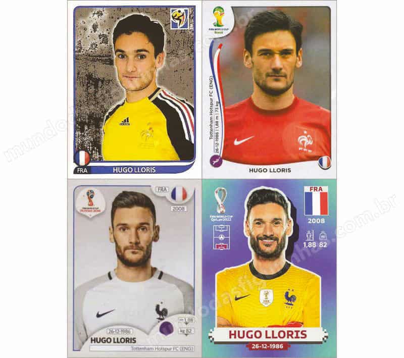 Figurinhas do Hugo Lloris nos álbuns da Copa de 2010 a 2022.