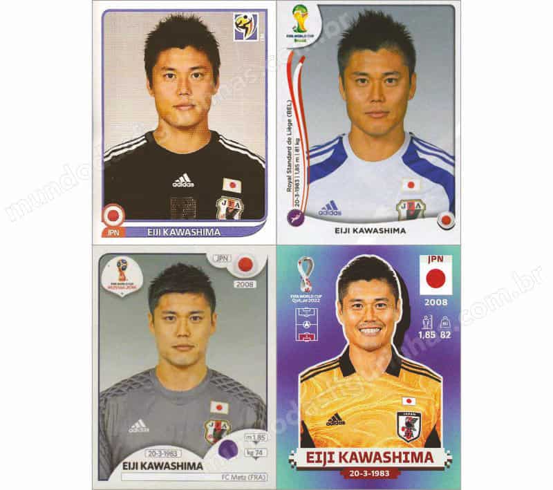 Figurinhas do Eiji Kawashima nos álbuns da Copa de 2010 a 2022.