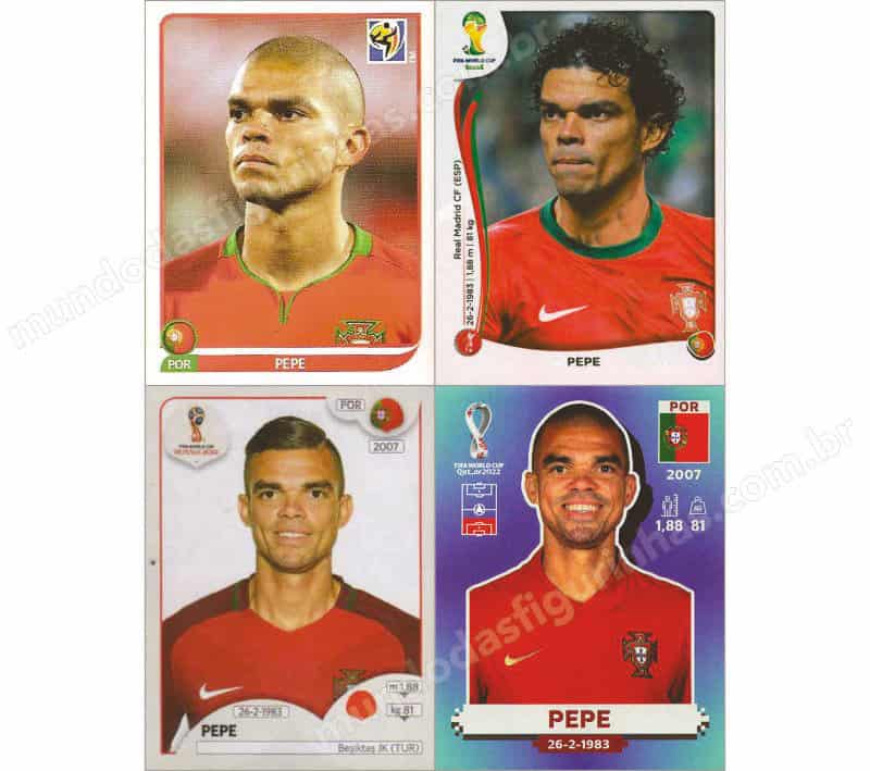 Figurinhas do Pepe nos álbuns da Copa de 2010 a 2022.