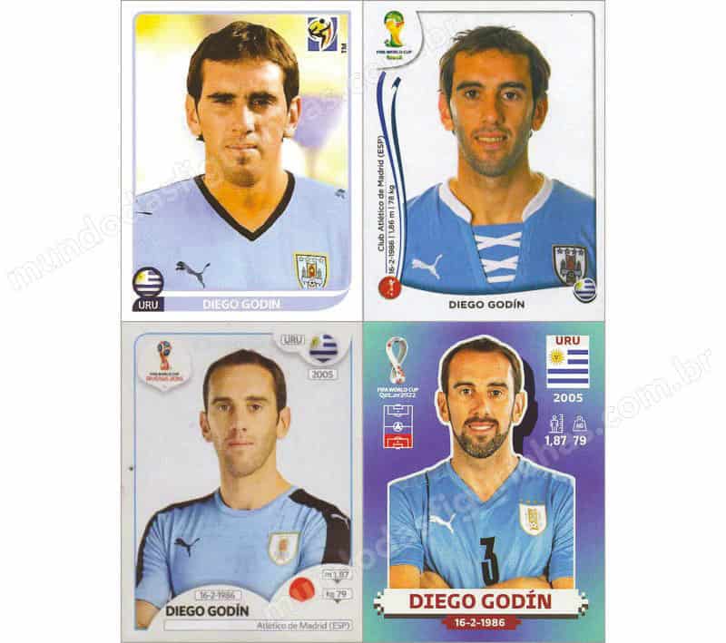 Figurinhas do Diego Godín nos álbuns da Copa de 2010 a 2022.