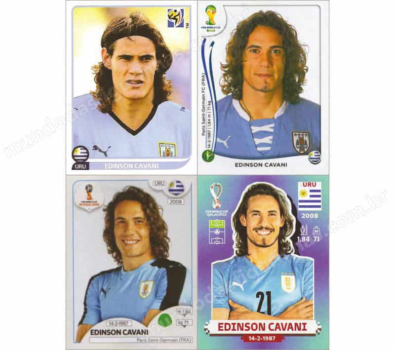 Figurinhas do Edinson Cavani nos álbuns da Copa de 2010 a 2022.