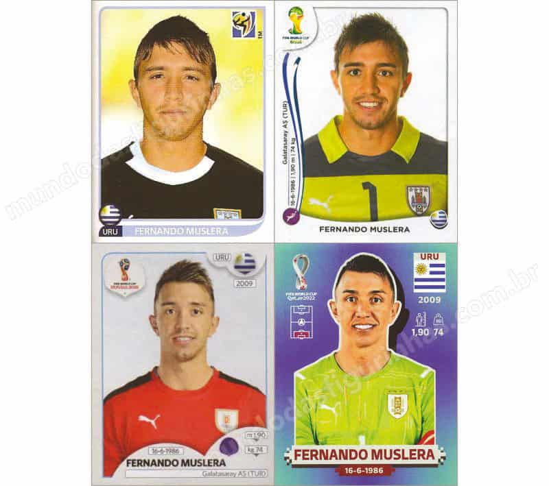 Figurinhas do Fernando Muslera nos álbuns da Copa de 2010 a 2022.