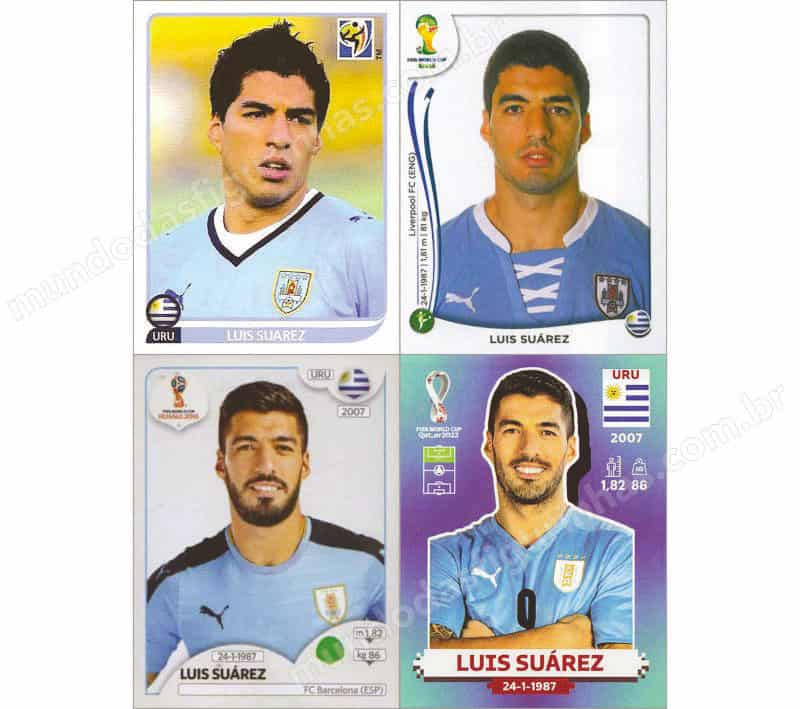 Figurinhas do Luis Suárez nos álbuns da Copa de 2010 a 2022.