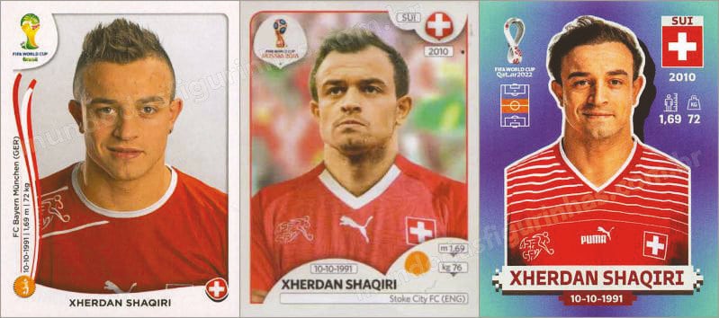 Figurinhas do Shaqiri nos álbuns da Copa de 2014, 2018 e 2022.