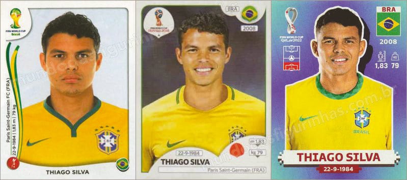 Figurinhas do Thiago Silva nos álbuns da Copa de 2014, 2018 e 2022.