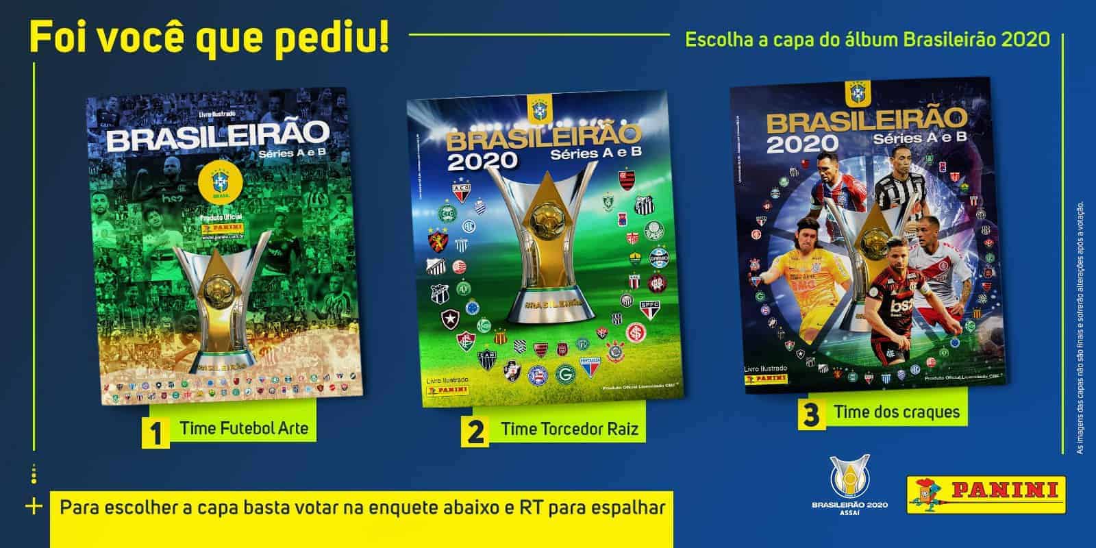 As três opções de capa do álbum do Brasileirão 2020 que o público poderia escolher.