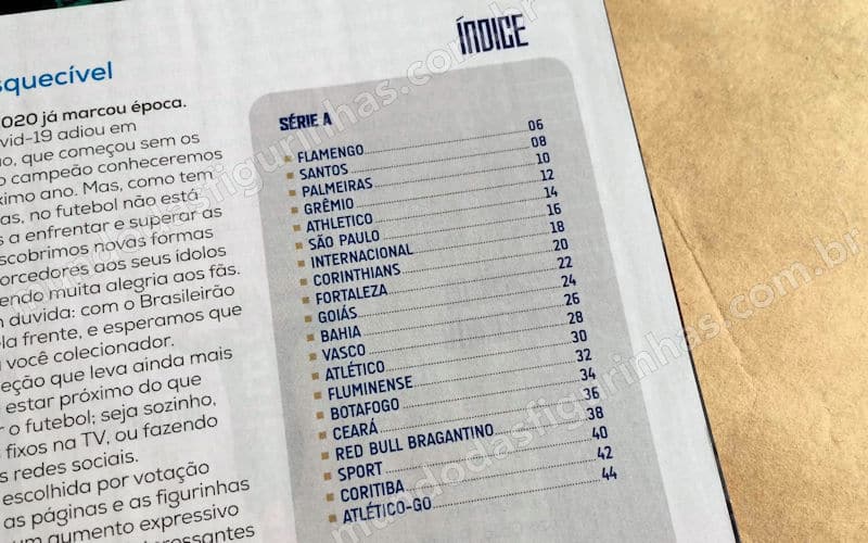 Detalhe do índice do álbum do Brasileirão 2020.