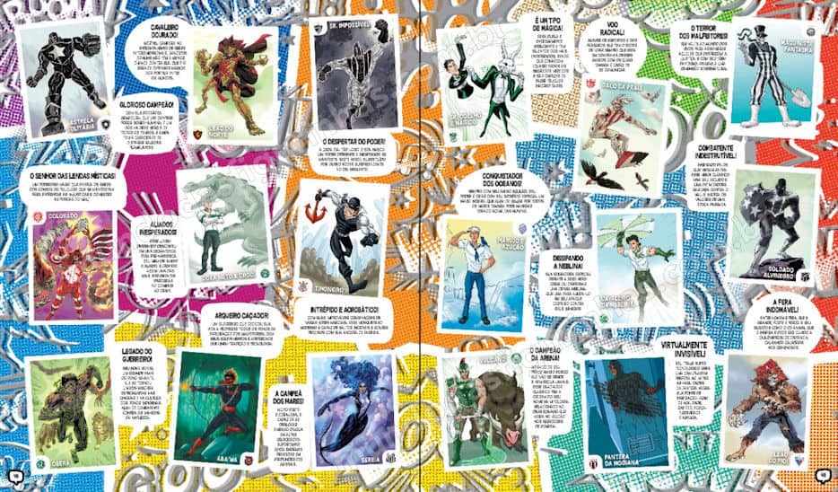 O álbum do Brasileirão 2020 - Páginas 48 e 49, com o restante dos super-heróis da LIGA DOS CENTENÁRIOS.