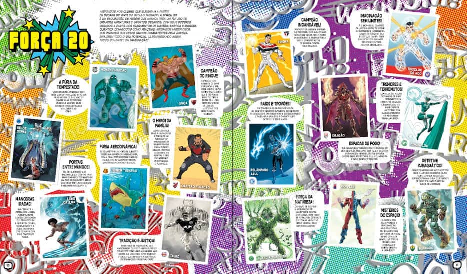 O álbum do Brasileirão 2020 - Páginas 50 e 51, com os super-heróis da FORÇA 20.