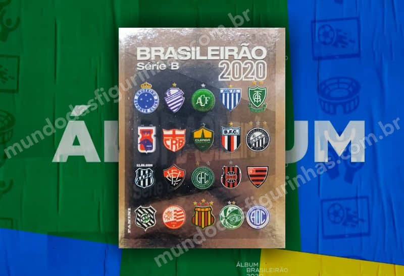 O álbum do Brasileirão 2020 - Figurinha 348, com os escudos dos clubes da Série B.