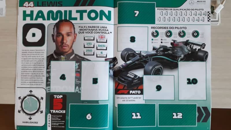 Páginas 2 e 3, como piloto Lewis Hamilton, campeão da temporada 2020.