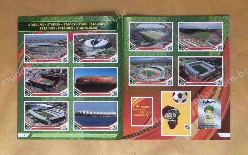Páginas 2 e 3: os estádios e os elementos da Copa 2010.