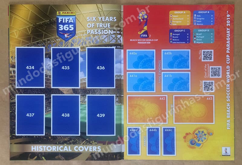 Páginas 62 e 63: Capas dos álbuns Fifa 365 e Copa do Mundo de Futebol de Areia 2019.