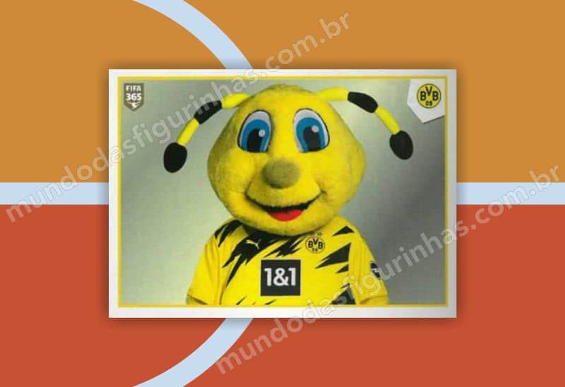 Figurinha 168: uma pessoa com uma fantasia do mascote do Borussia Dortmund.