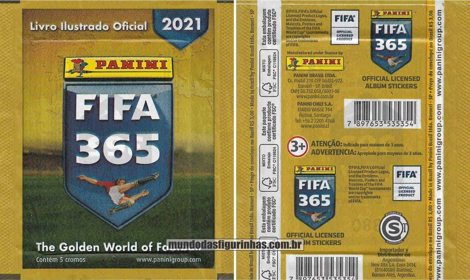Pacotinho Fifa 365 2021 com a frase “Contém 5 Cromos”.