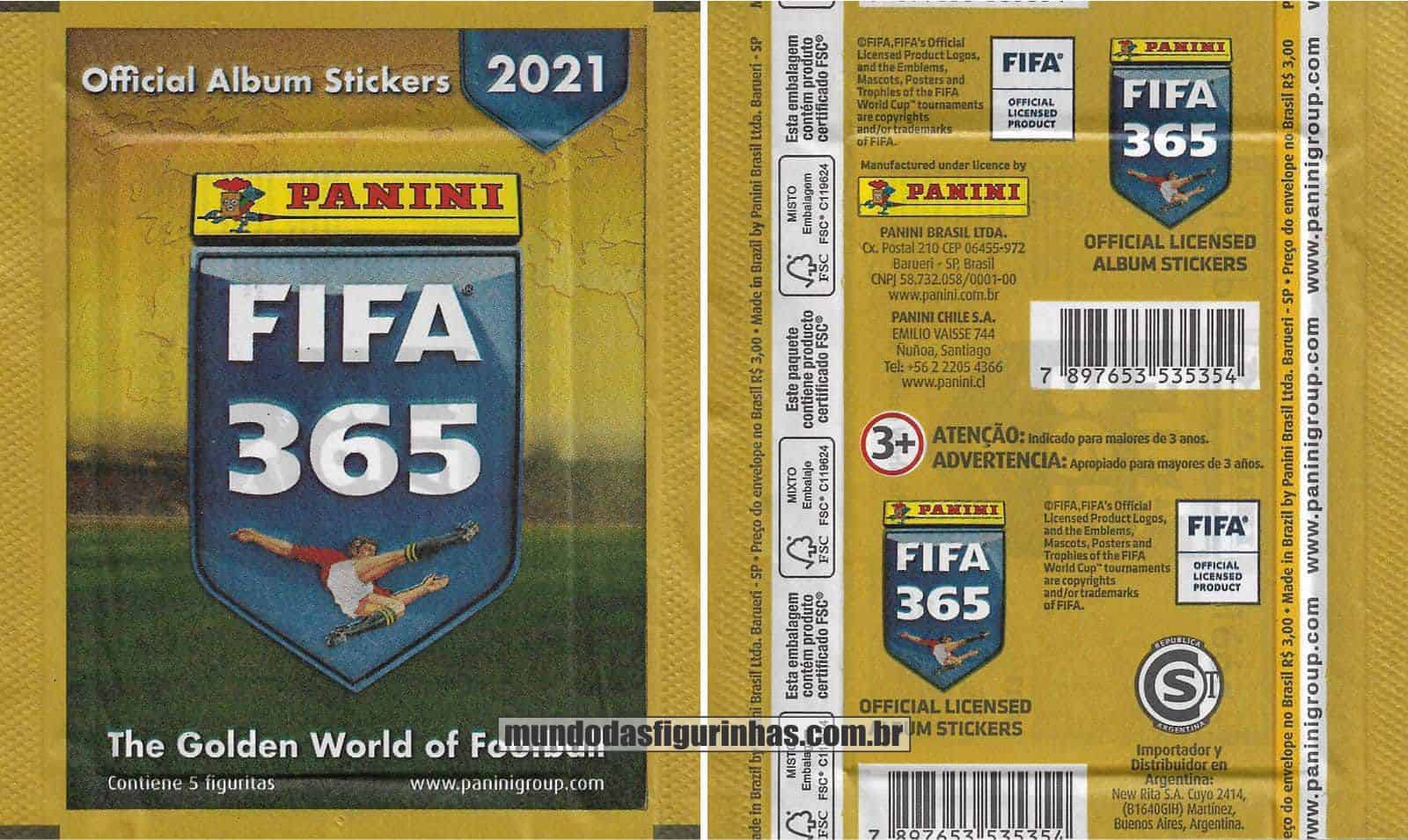 Pacotinho Fifa 365 2021 com a frase “Contiene 5 Figuritas”.