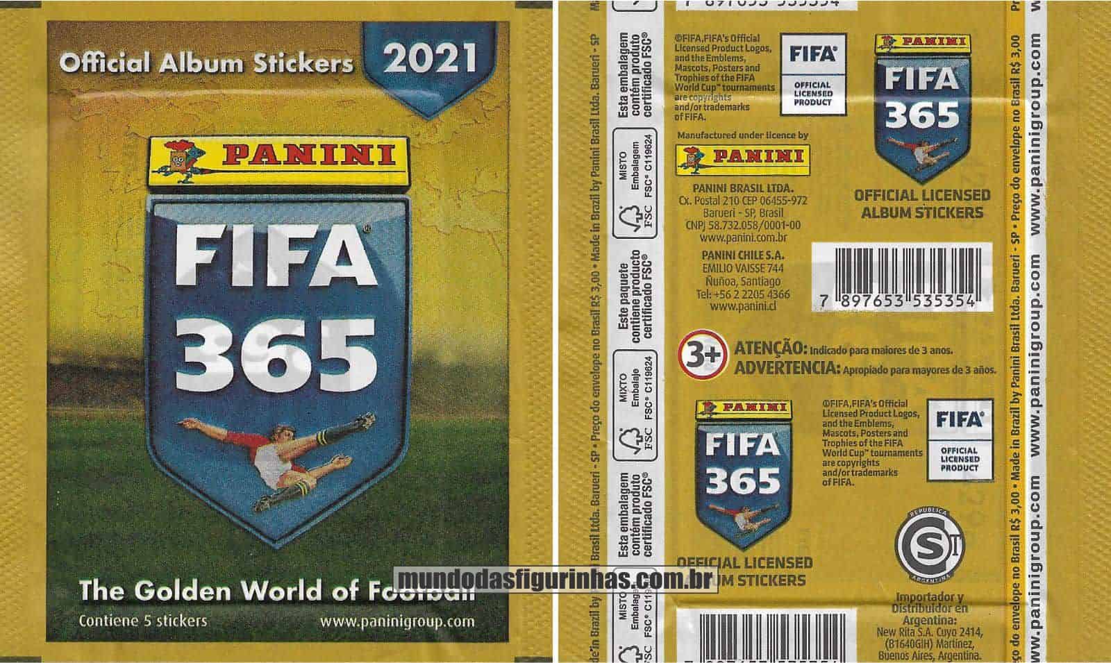 Pacotinho Fifa 365 2021 com a frase “Contiene 5 Stickers”.