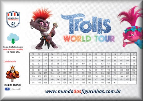 Controle de figurinhas do álbum TROLS WORLD TOUR.