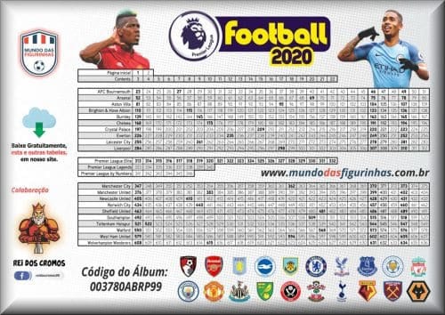 Tabela de controle das figurinhas do álbum da Premier League 2020.